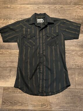 Panhandle Slim Dark Gray Short-Sleeve Button-Down with Gold Stripes